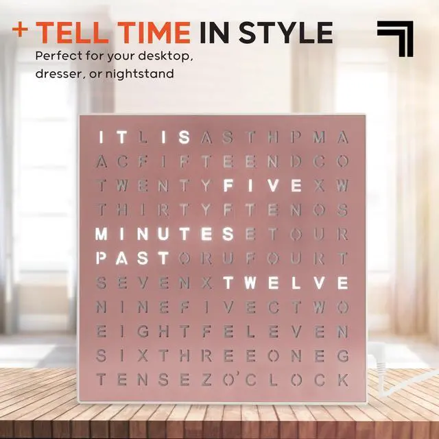 Alt view image 3 of 7 - LED Word Digital Clock, 7.75", Rose Gold Finish, Light-Up Desk & Wall Clock, Modern Time Display, Shelf or Wall Decor for Home Office, Living Room, Kitchen & Bedroom, Housewarming Gift