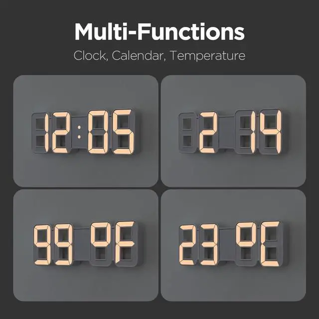 Alt view image 3 of 7 - 3D Pure mini White Gold LED Clock, Multi-Function LED Clock (Calendar, Alarm, Temperature) (8.5" White Gold Table Alarm Clock)