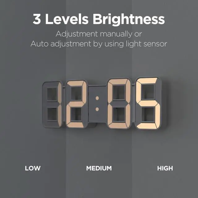 Alt view image 4 of 7 - 3D Pure mini White Gold LED Clock, Multi-Function LED Clock (Calendar, Alarm, Temperature) (8.5" White Gold Table Alarm Clock)