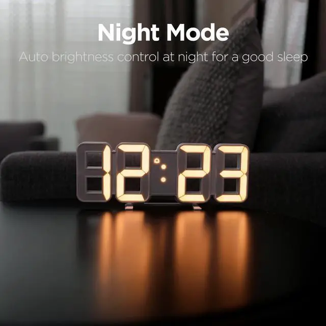 Alt view image 5 of 7 - 3D Pure mini White Gold LED Clock, Multi-Function LED Clock (Calendar, Alarm, Temperature) (8.5" White Gold Table Alarm Clock)