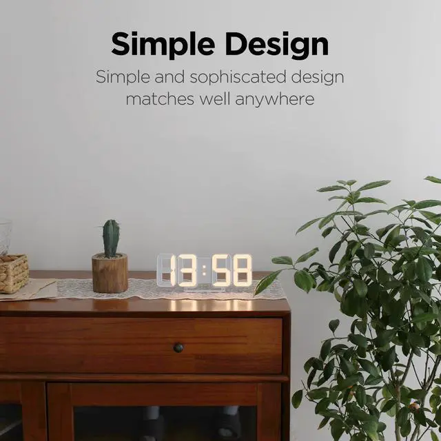 Alt view image 6 of 7 - 3D Pure mini White Gold LED Clock, Multi-Function LED Clock (Calendar, Alarm, Temperature) (8.5" White Gold Table Alarm Clock)