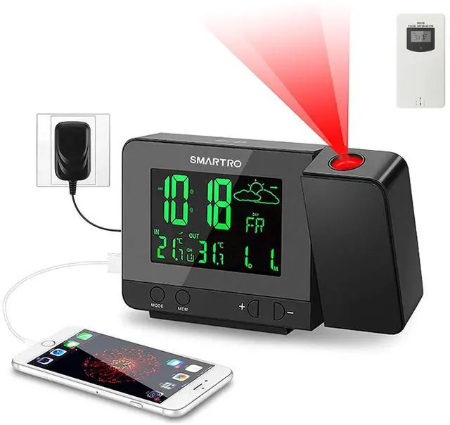 Main image of SC31B Digital Projection Alarm Clock with Weather Station, Indoor Outdoor Thermometer for Bedrooms, USB Charger, AC Battery Operated