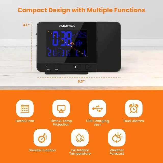 Alt view image 3 of 7 - SC31B Digital Projection Alarm Clock with Weather Station, Indoor Outdoor Thermometer for Bedrooms, USB Charger, AC Battery Operated