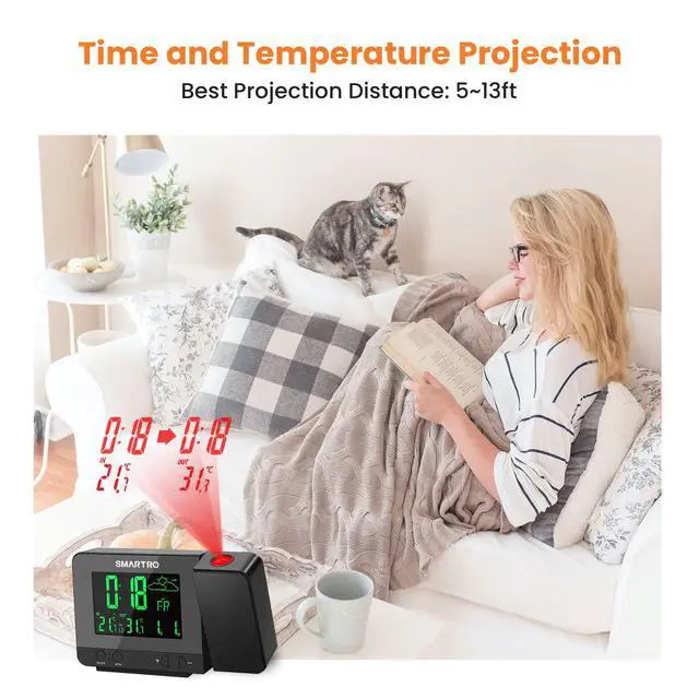 Alt view image 5 of 7 - SC31B Digital Projection Alarm Clock with Weather Station, Indoor Outdoor Thermometer for Bedrooms, USB Charger, AC Battery Operated