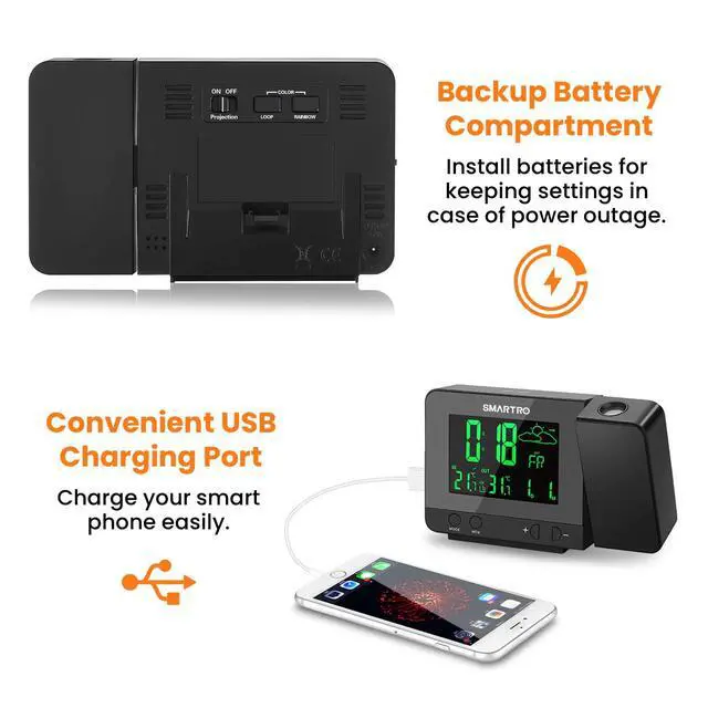 Alt view image 7 of 7 - SC31B Digital Projection Alarm Clock with Weather Station, Indoor Outdoor Thermometer for Bedrooms, USB Charger, AC Battery Operated