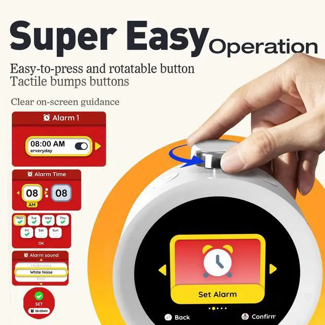 Alt view image 3 of 7 - Alarm Clock for Heavy Sleepers, Colorful Screen Temperature, Loud 7-Day Programmable 4 Alarms, Small Clocks Bedrooms for Kids Adults Boys Girls, Easy to Set, Digital White Noise, Hourly Chime