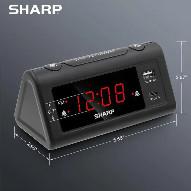 Alt view image 6 of 6 - Alarm Clock for Bedrooms, Super Fast USB-C Charging and Fast 2 Amp USB Charging, 2 Alarms, 3-Step Dimmer, Snooze, Easy to Set Controls, Black with Red LED Display