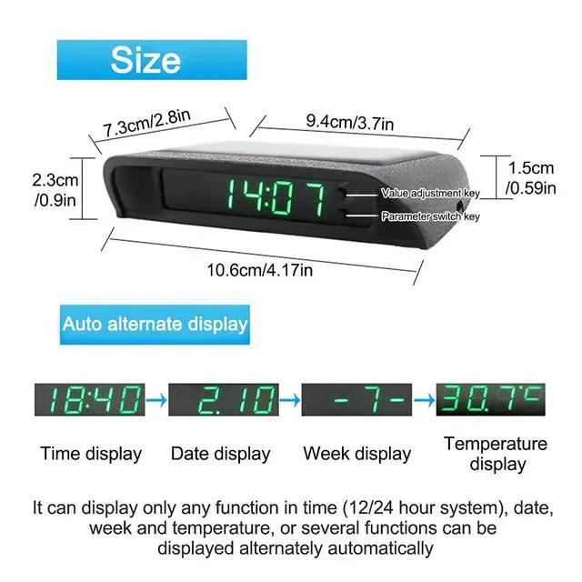 Alt view image 3 of 7 - Solar Powered LCD Clock, Stick-On Luminous Car Clock with Temperature Display (Green)