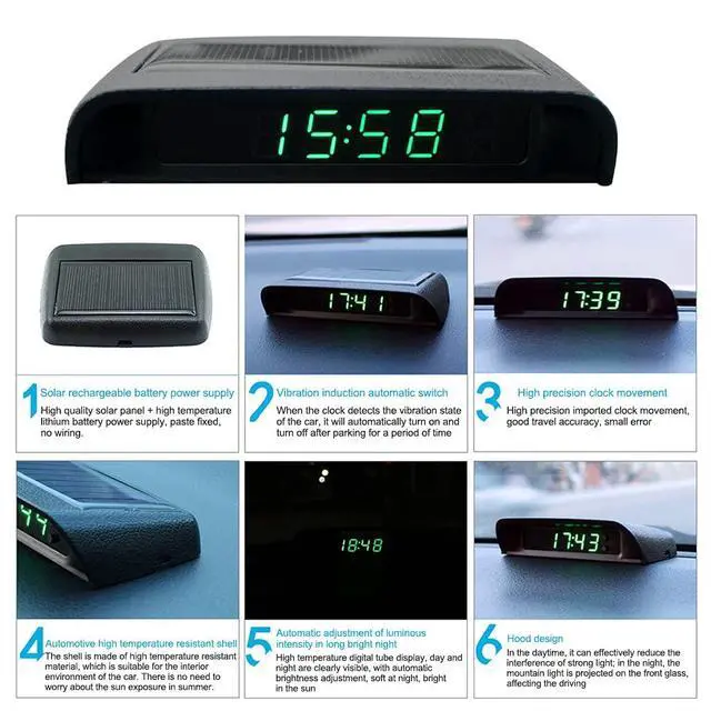 Alt view image 6 of 7 - Solar Powered LCD Clock, Stick-On Luminous Car Clock with Temperature Display (Green)