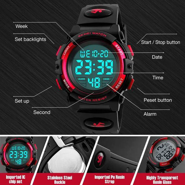 Alt view image 4 of 7 - Digital Watch for Girls Ages 4-15, Kids Red Digital Sports Waterproof Outdoor Analog Electronic Watches with Alarm Stopwatch, Children Birthday Presents Gifts Toys for Age 4-12 Year Old Boys Girls
