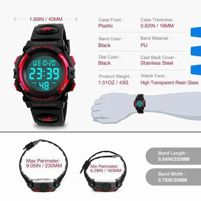 Alt view image 6 of 7 - Digital Watch for Girls Ages 4-15, Kids Red Digital Sports Waterproof Outdoor Analog Electronic Watches with Alarm Stopwatch, Children Birthday Presents Gifts Toys for Age 4-12 Year Old Boys Girls