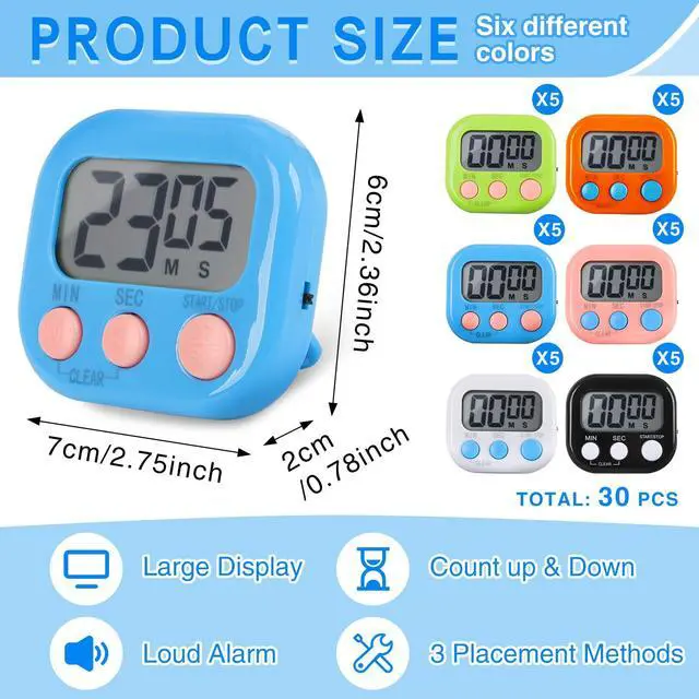 Alt view image 2 of 7 - 30 Pcs Digital Kitchen Timer Bulk, Magnetic Timers for Classroom, LCD Display, Loud Alarm, Electronic Minute Second Clock Timer for Teacher, Exercise, Cooking, Baking(6 Colors)
