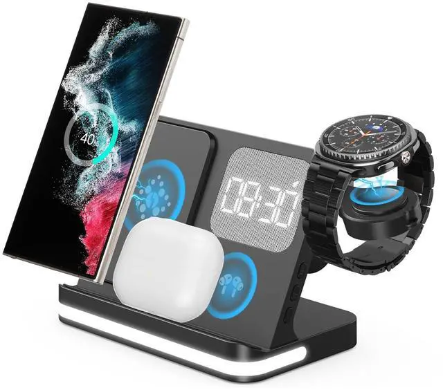 Main image of 4 in 1 Wireless Charger with Alarm Clock Compatible for Galaxy Watch 8/7/Ultra/FE/6 Pro Galaxy S26 Pro/Ultra/S25+/S24/S23/Note 20/Z Flip 7/6/5 Fold Galaxy Buds4/2/Pro Multiple Devices Charging Station