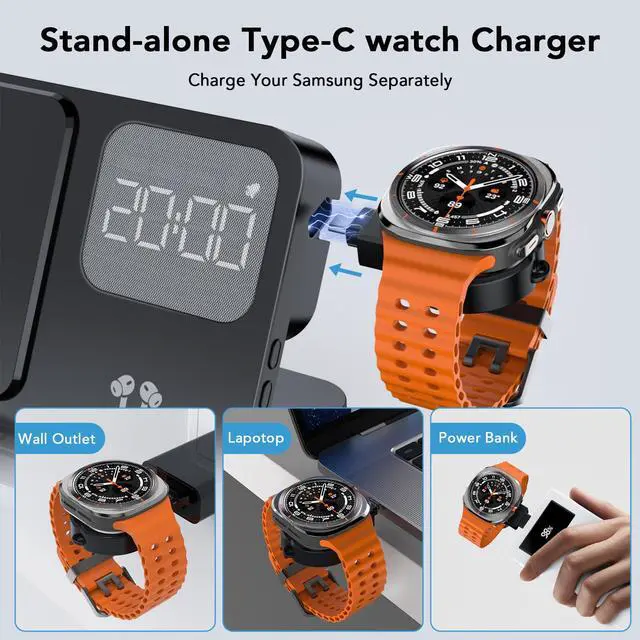 Alt view image 4 of 7 - 4 in 1 Wireless Charger with Alarm Clock Compatible for Galaxy Watch 8/7/Ultra/FE/6 Pro Galaxy S26 Pro/Ultra/S25+/S24/S23/Note 20/Z Flip 7/6/5 Fold Galaxy Buds4/2/Pro Multiple Devices Charging Station