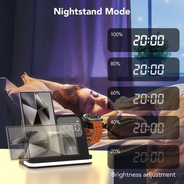 Alt view image 5 of 7 - 4 in 1 Wireless Charger with Alarm Clock Compatible for Galaxy Watch 8/7/Ultra/FE/6 Pro Galaxy S26 Pro/Ultra/S25+/S24/S23/Note 20/Z Flip 7/6/5 Fold Galaxy Buds4/2/Pro Multiple Devices Charging Station