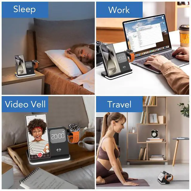 Alt view image 7 of 7 - 4 in 1 Wireless Charger with Alarm Clock Compatible for Galaxy Watch 8/7/Ultra/FE/6 Pro Galaxy S26 Pro/Ultra/S25+/S24/S23/Note 20/Z Flip 7/6/5 Fold Galaxy Buds4/2/Pro Multiple Devices Charging Station