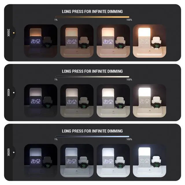 Alt view image 5 of 7 - Wireless Charging Station, iPhone 3 in 1 Fast 15W Wireless Charger with Alarm Clock and Night Light, Charging Dock for iPhone 12/13/14/15/16/17 Pro/Pro Max, Samsung, AirPods