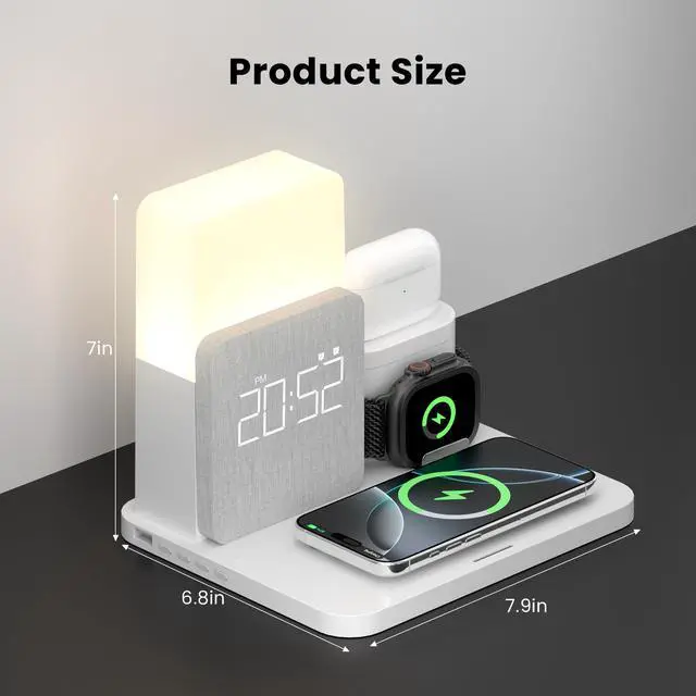Alt view image 7 of 7 - Wireless Charging Station, iPhone 3 in 1 Fast 15W Wireless Charger with Alarm Clock and Night Light, Charging Dock for iPhone 12/13/14/15/16/17 Pro/Pro Max, Samsung, AirPods