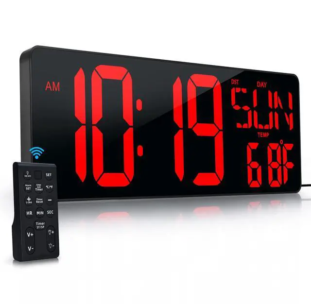 Main image of Large Digital Wall Clock with Remote Control 17.2" LED Large Display Timer with Temperature Date Week Auto DST Adjustable Brightness, Big Wall Alarm Clock for Living Room Office Garage Gym Seniors