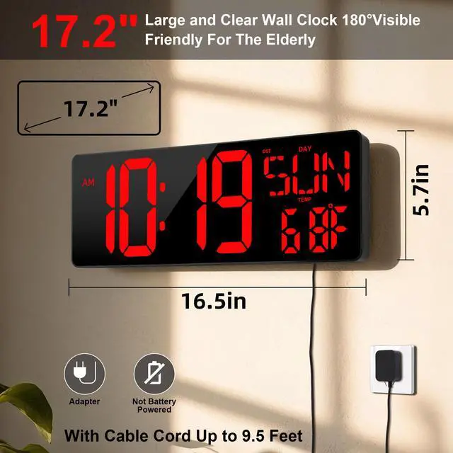 Alt view image 2 of 7 - Large Digital Wall Clock with Remote Control 17.2" LED Large Display Timer with Temperature Date Week Auto DST Adjustable Brightness, Big Wall Alarm Clock for Living Room Office Garage Gym Seniors