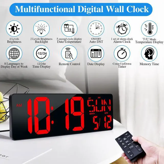Alt view image 3 of 7 - Large Digital Wall Clock with Remote Control 17.2" LED Large Display Timer with Temperature Date Week Auto DST Adjustable Brightness, Big Wall Alarm Clock for Living Room Office Garage Gym Seniors