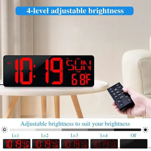 Alt view image 4 of 7 - Large Digital Wall Clock with Remote Control 17.2" LED Large Display Timer with Temperature Date Week Auto DST Adjustable Brightness, Big Wall Alarm Clock for Living Room Office Garage Gym Seniors