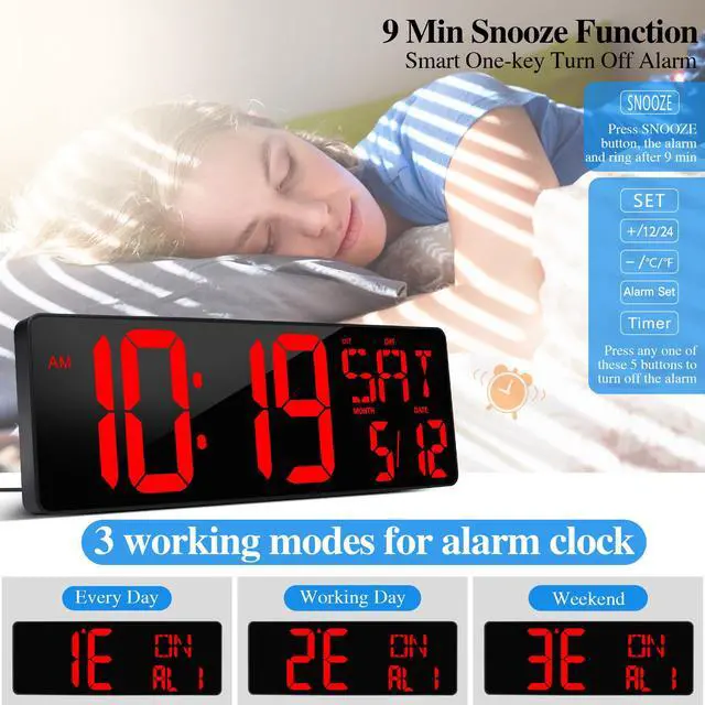 Alt view image 6 of 7 - Large Digital Wall Clock with Remote Control 17.2" LED Large Display Timer with Temperature Date Week Auto DST Adjustable Brightness, Big Wall Alarm Clock for Living Room Office Garage Gym Seniors