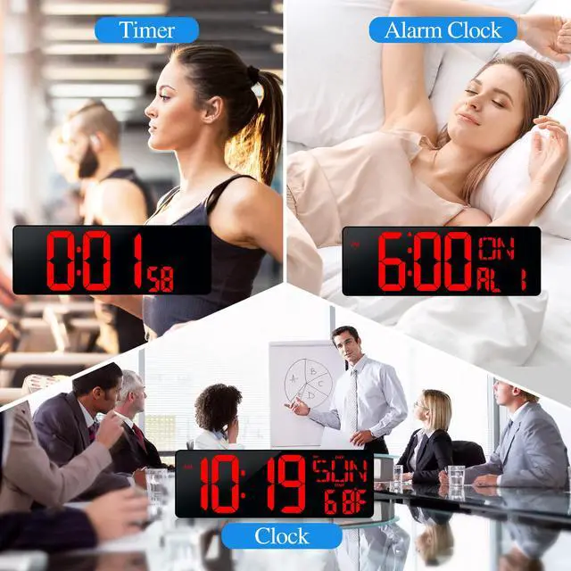 Alt view image 7 of 7 - Large Digital Wall Clock with Remote Control 17.2" LED Large Display Timer with Temperature Date Week Auto DST Adjustable Brightness, Big Wall Alarm Clock for Living Room Office Garage Gym Seniors
