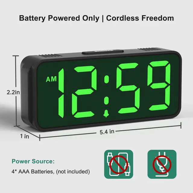 Alt view image 2 of 7 - Small Battery Powered Digital Alarm Clocks for Bedrooms Bedside, Cordless Tiny Travel Portable Desk Clock, Large Numbers Auto Dimmable, LED Display 4 Dimmers, 5 Alarm Volumes