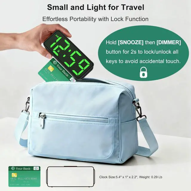 Alt view image 3 of 7 - Small Battery Powered Digital Alarm Clocks for Bedrooms Bedside, Cordless Tiny Travel Portable Desk Clock, Large Numbers Auto Dimmable, LED Display 4 Dimmers, 5 Alarm Volumes