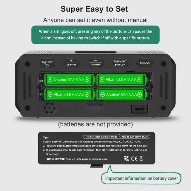Alt view image 5 of 7 - Small Battery Powered Digital Alarm Clocks for Bedrooms Bedside, Cordless Tiny Travel Portable Desk Clock, Large Numbers Auto Dimmable, LED Display 4 Dimmers, 5 Alarm Volumes