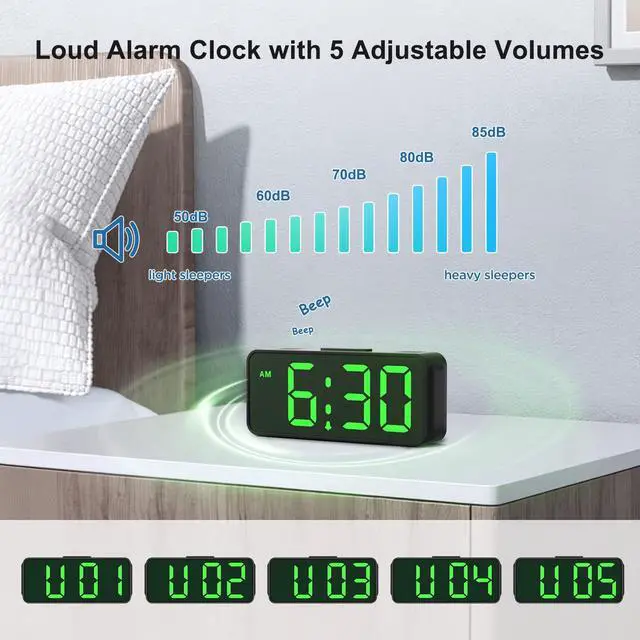 Alt view image 7 of 7 - Small Battery Powered Digital Alarm Clocks for Bedrooms Bedside, Cordless Tiny Travel Portable Desk Clock, Large Numbers Auto Dimmable, LED Display 4 Dimmers, 5 Alarm Volumes