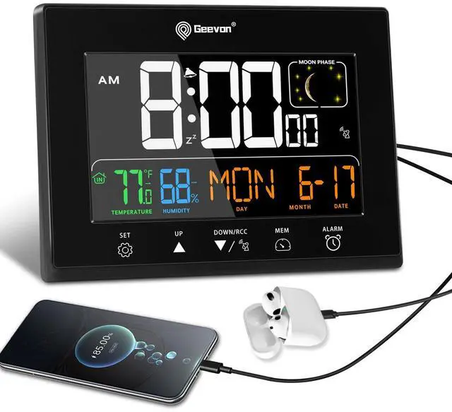Main image of Digital Atomic Alarm Clocks for Bedrooms, Color VA Display Atomic Clock with Indoor Temperature and Humidity, DST, Dimmable Backlight, 2 USB Ports, Calendar, and Moon Phases
