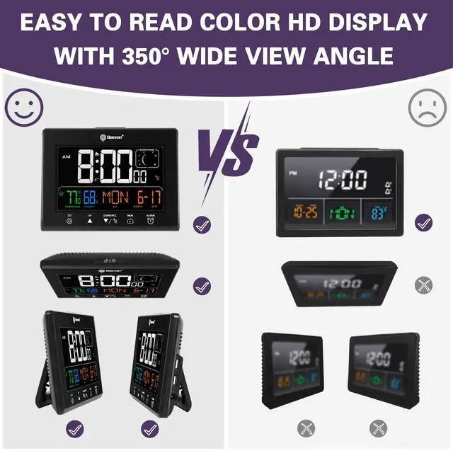 Alt view image 2 of 7 - Digital Atomic Alarm Clocks for Bedrooms with 2 USB Ports, Color VA Display Atomic Clock with Indoor Temperature and Humidity, DST, Calendar, and Moon Phases for Seniors Elderly