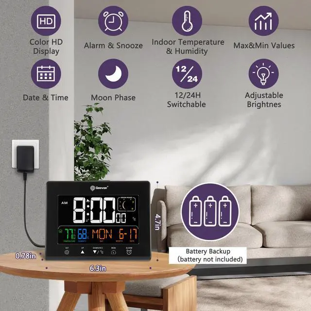 Alt view image 7 of 7 - Digital Atomic Alarm Clocks for Bedrooms with 2 USB Ports, Color VA Display Atomic Clock with Indoor Temperature and Humidity, DST, Calendar, and Moon Phases for Seniors Elderly