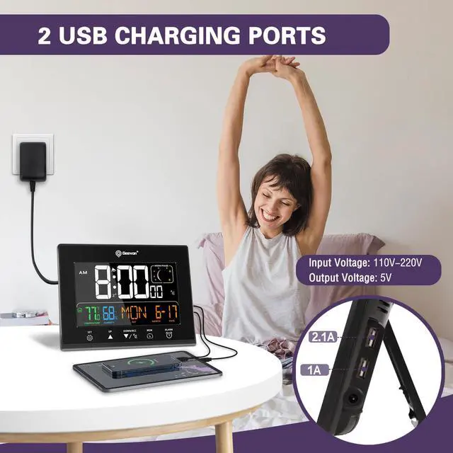 Alt view image 4 of 7 - Digital Atomic Alarm Clocks for Bedrooms, Color VA Display Atomic Clock with Indoor Temperature and Humidity, DST, Dimmable Backlight, 2 USB Ports, Calendar, and Moon Phases