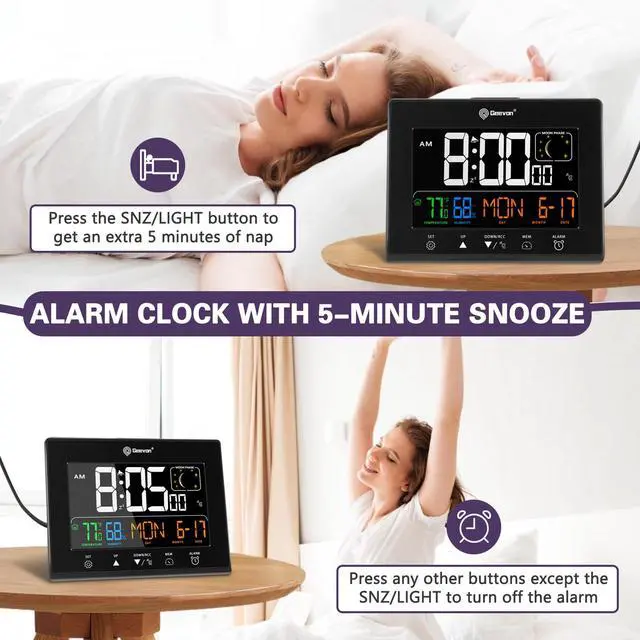 Alt view image 5 of 7 - Digital Atomic Alarm Clocks for Bedrooms with 2 USB Ports, Color VA Display Atomic Clock with Indoor Temperature and Humidity, DST, Calendar, and Moon Phases for Seniors Elderly