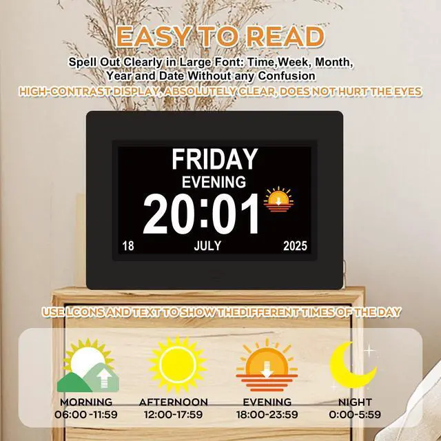 Alt view image 2 of 7 - Digital Clock for Seniors with Day Date Time Large Display - 7 Inch Large Print Dementia Clock for Memory Loss and Visually Impaired, 12 Alarm Options, Non-Abbreviated, Black