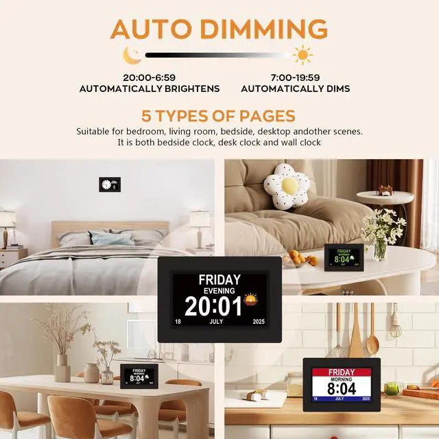 Alt view image 3 of 7 - Digital Clock for Seniors with Day Date Time Large Display - 7 Inch Large Print Dementia Clock for Memory Loss and Visually Impaired, 12 Alarm Options, Non-Abbreviated, Black