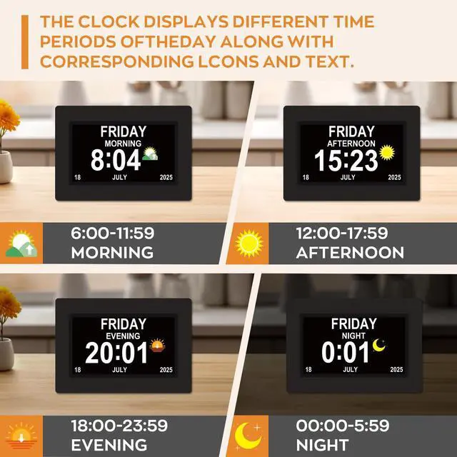 Alt view image 4 of 7 - Digital Clock for Seniors with Day Date Time Large Display - 7 Inch Large Print Dementia Clock for Memory Loss and Visually Impaired, 12 Alarm Options, Non-Abbreviated, Black