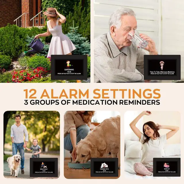 Alt view image 5 of 7 - Digital Clock for Seniors with Day Date Time Large Display - 7 Inch Large Print Dementia Clock for Memory Loss and Visually Impaired, 12 Alarm Options, Non-Abbreviated, Black