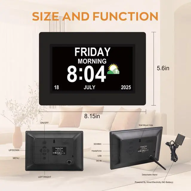 Alt view image 6 of 7 - Digital Clock for Seniors with Day Date Time Large Display - 7 Inch Large Print Dementia Clock for Memory Loss and Visually Impaired, 12 Alarm Options, Non-Abbreviated, Black