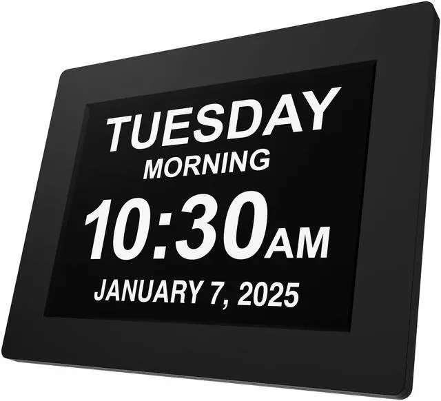 Main image of Large Digital Clock for Seniors, Black, 8 inch, with Day & Date, Customizable Alarms, Auto-Dimming, Multi-Language Support, Battery Backup, Easy Setup, and Gift Option