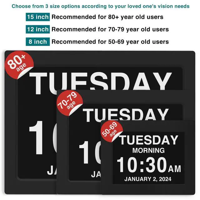Alt view image 2 of 6 - Large Digital Clock for Seniors, Black, 8 inch, with Day & Date, Customizable Alarms, Auto-Dimming, Multi-Language Support, Battery Backup, Easy Setup, and Gift Option