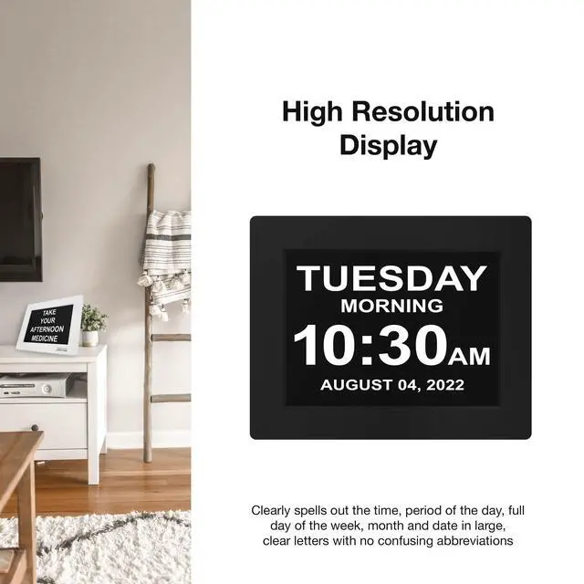 Alt view image 3 of 6 - Large Digital Clock for Seniors, Black, 8 inch, with Day & Date, Customizable Alarms, Auto-Dimming, Multi-Language Support, Battery Backup, Easy Setup, and Gift Option