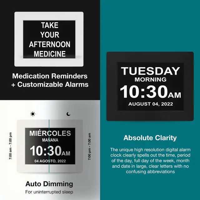 Alt view image 4 of 6 - Large Digital Clock for Seniors, Black, 8 inch, with Day & Date, Customizable Alarms, Auto-Dimming, Multi-Language Support, Battery Backup, Easy Setup, and Gift Option