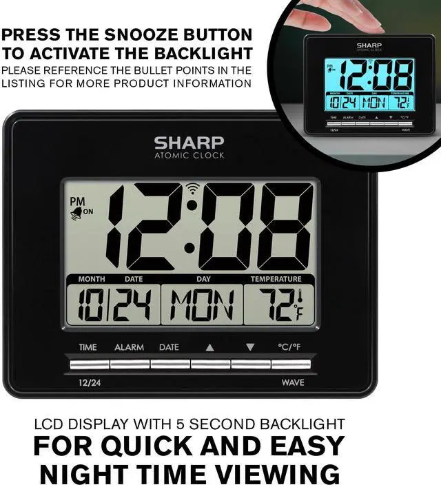 Alt view image 3 of 7 - Atomic Desktop Clock Auto Set Digital Alarm Clock - Atomic Accuracy - Easy to Read Screen with Time/Date/Temperature Display- Perfect for Nightstand or Desk