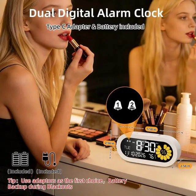 Alt view image 2 of 7 - Digital Alarm Clock for Bedroom: Dual Alarm Bedside Clock VA LCD Display with Seconds, 9-Minute Snooze and Weekend Mode, 3 Brightness, 4 Alarms and 3 Volume LevelsType C & Battery Included