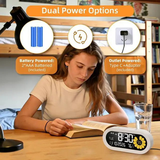 Alt view image 3 of 7 - Digital Alarm Clock for Bedroom: Dual Alarm Bedside Clock VA LCD Display with Seconds, 9-Minute Snooze and Weekend Mode, 3 Brightness, 4 Alarms and 3 Volume LevelsType C & Battery Included