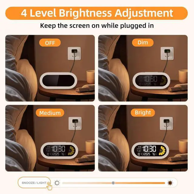 Alt view image 4 of 7 - Digital Alarm Clock for Bedroom: Dual Alarm Bedside Clock VA LCD Display with Seconds, 9-Minute Snooze and Weekend Mode, 3 Brightness, 4 Alarms and 3 Volume LevelsType C & Battery Included